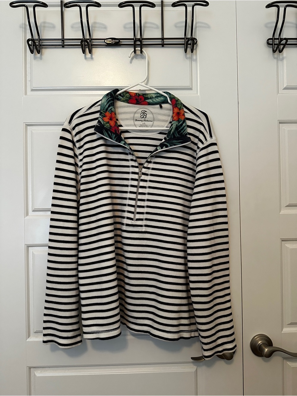Tommy Bahama Navy & White Striped Quarter-Zip Sweater with Floral Collar
